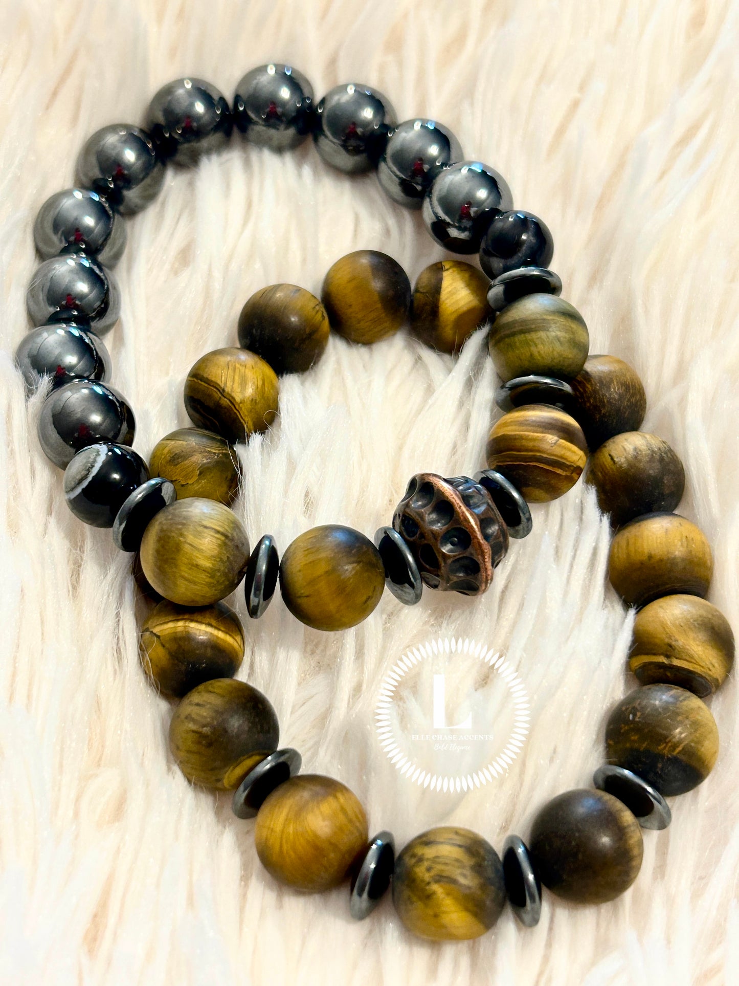 Set Of 2- Matte Tigers Eye With Bronz Focal And Hematite Accents – 12mm