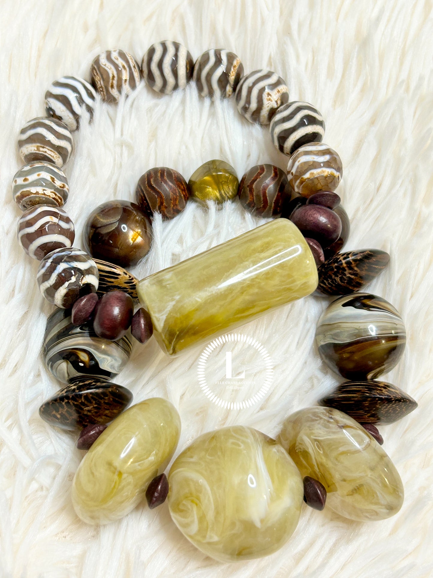 Beige/Tan Swirl Acrylic with Dark brown marble, Wormwood spacers and striped glass accent beads