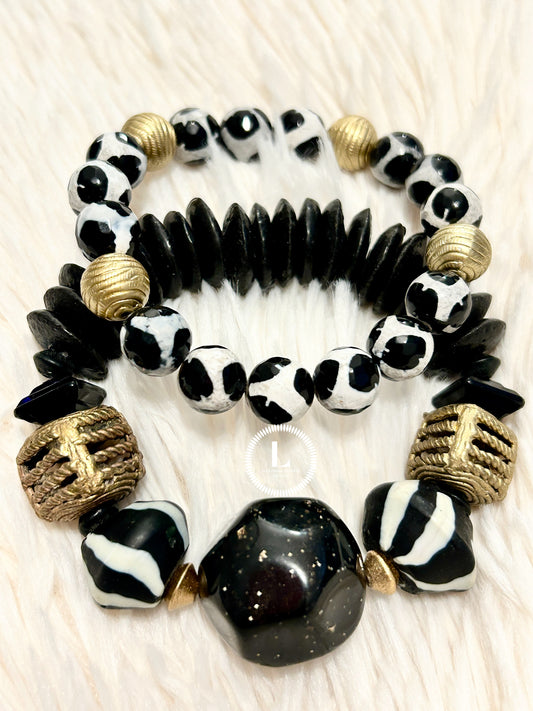 Set of 2: Black/White Striped Indian Beads With Ghana Brass Accents