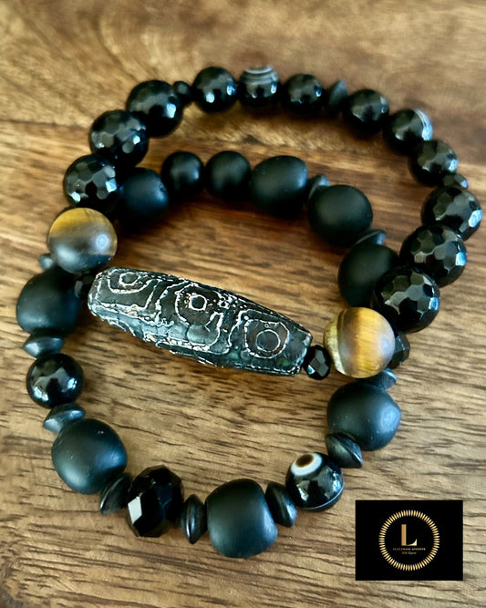 Set Of 2: Tibetan Focal With Black Onyx, Glass And Tiger’s Eyes Accents