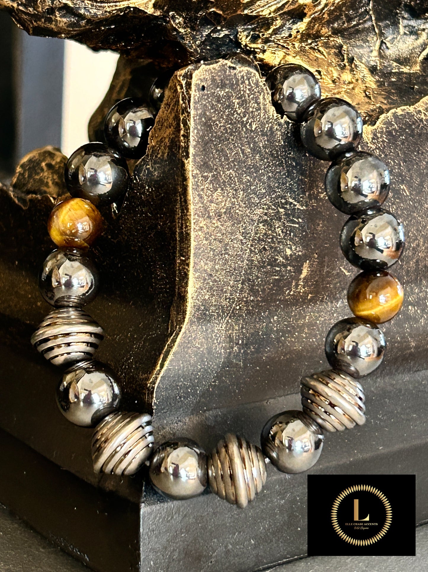 Hematite With Tiger’s Eye And Carved Pewter Accents – 12mm