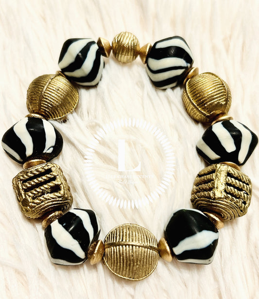 Black/White Striped Indian Beads With Ghana Brass Accents