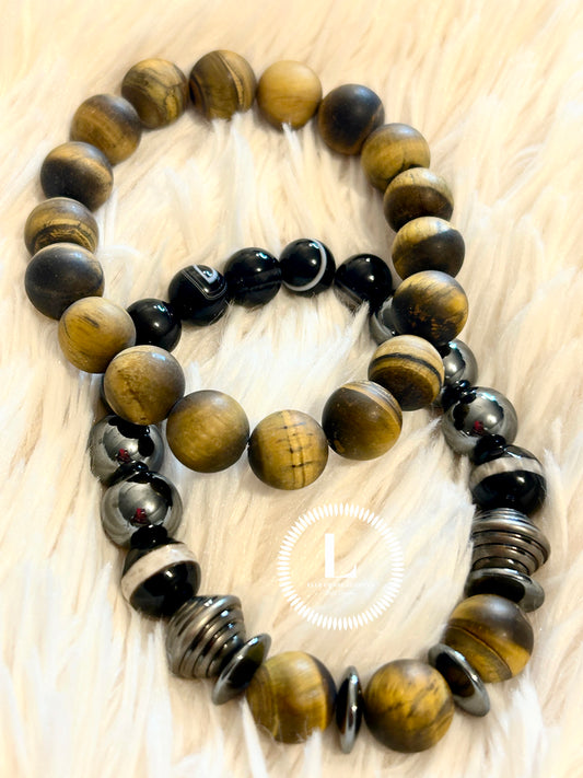 Set Of 2- Matte Tigers Eye With Black Onyx And Black Sardonyx And Hematite Accents