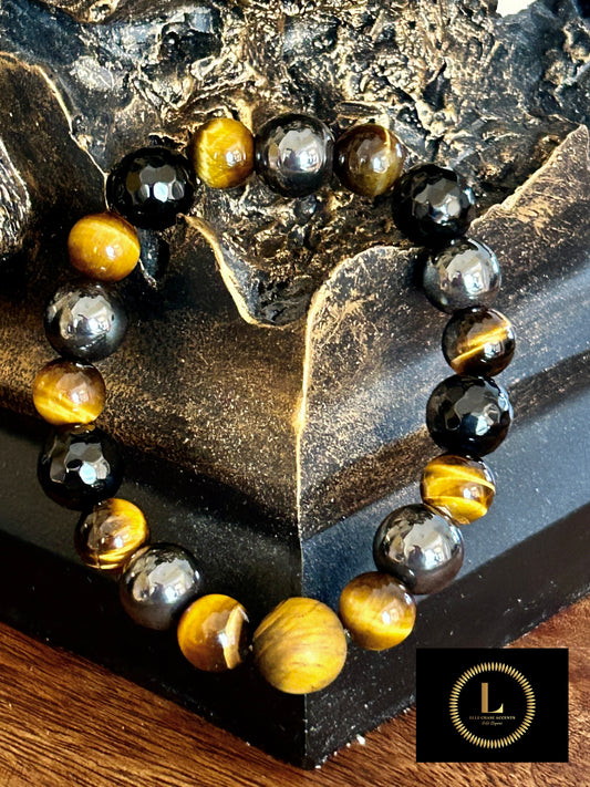 Multi color Hematite, Black Onyx and Tiger’s Eye accents