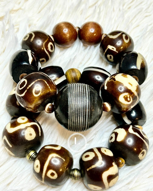 Set Of 2: XL Dark Brown Horn Beads With Brown/Creme Swirl Bead Accents