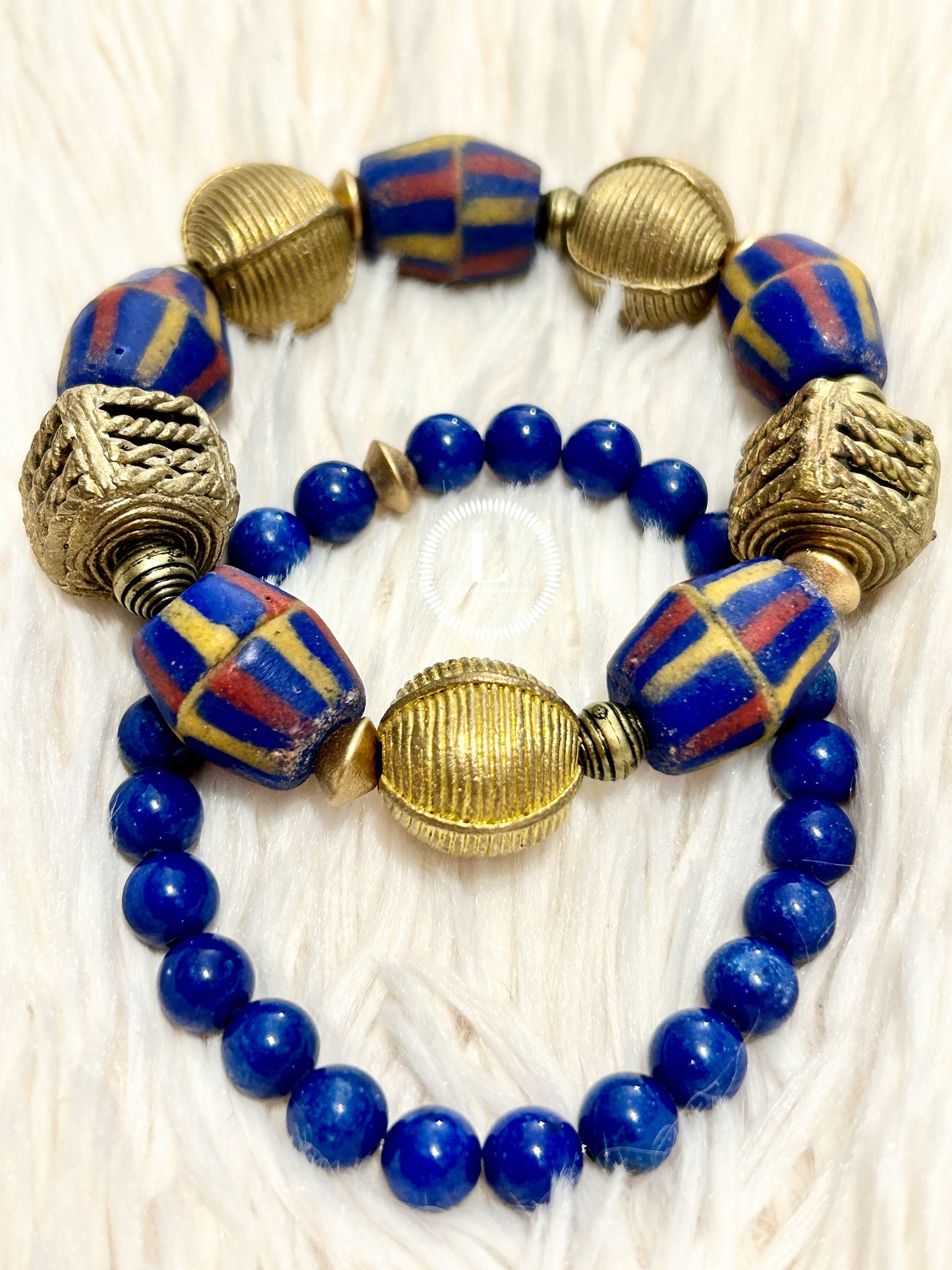 Set Of 2: Blue Striped Ghana Bicone Beads With Brass Cube Accents