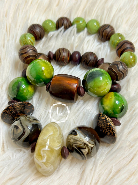 Beige/Tan Swirl Focal Bead with Green/ Chocolate swirl accent beads