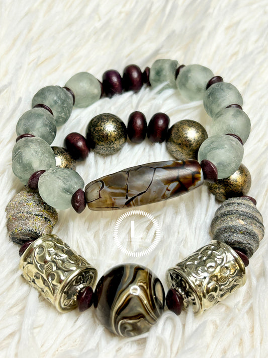 Dark Brown marble/Botswana Center beads with carved Silver and grey glass accents