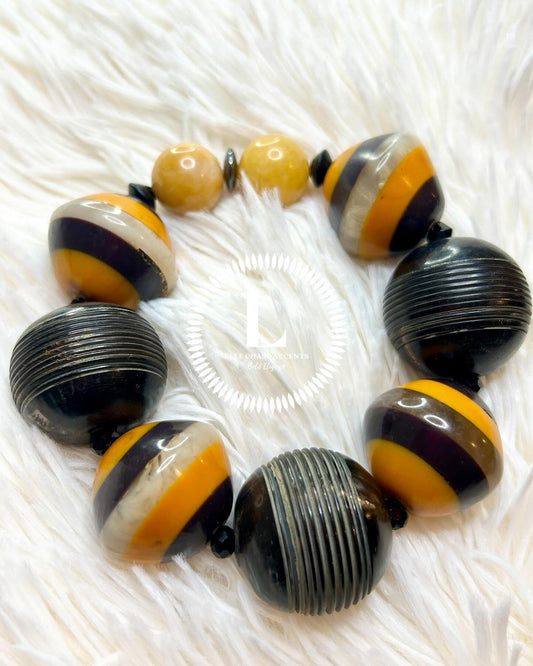 Carved Lines Beads With Orange/Tan/Brown Striped Accents