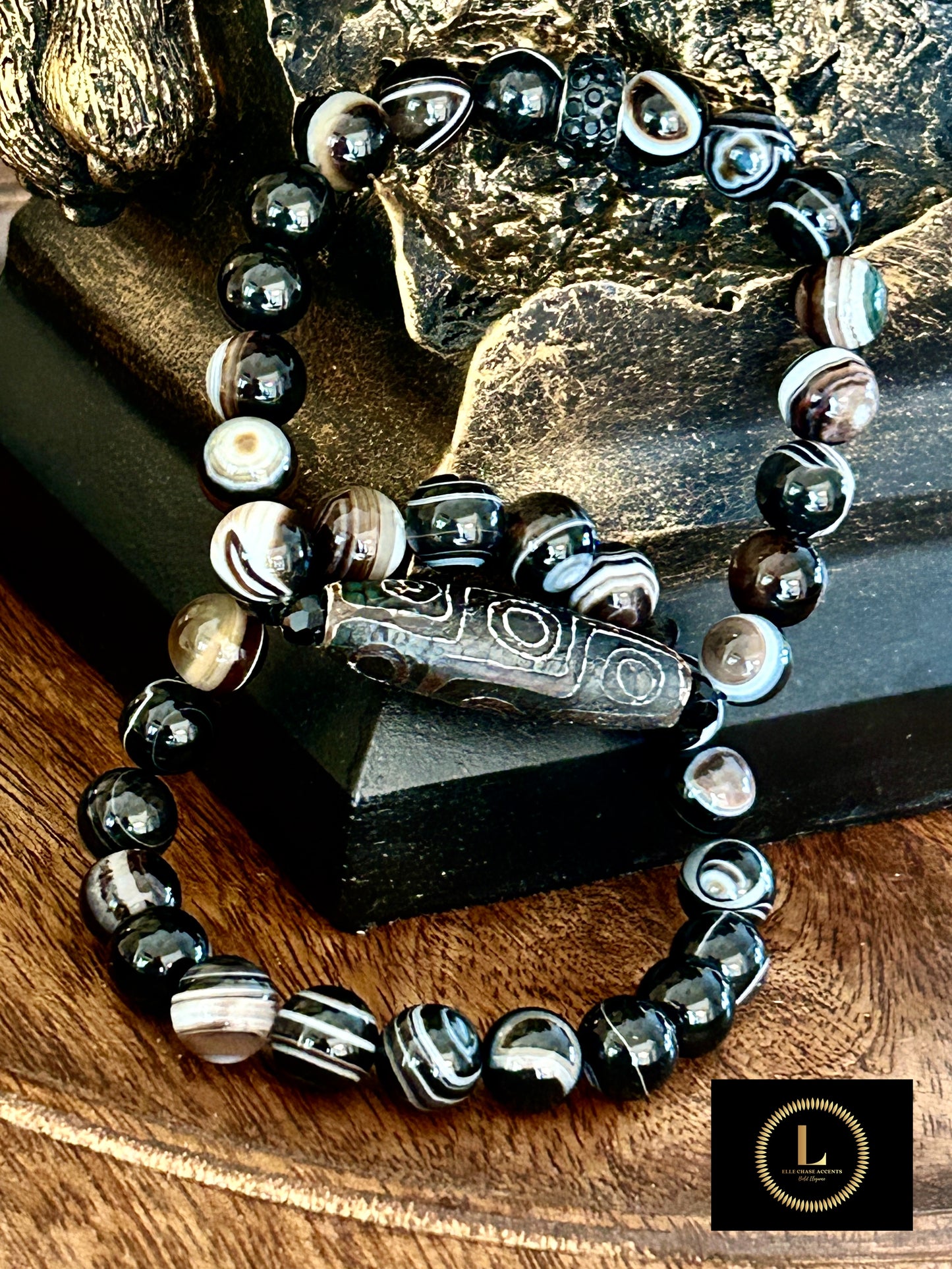 Set of 2: Black Tibetan center with Black Sardonyx Agate