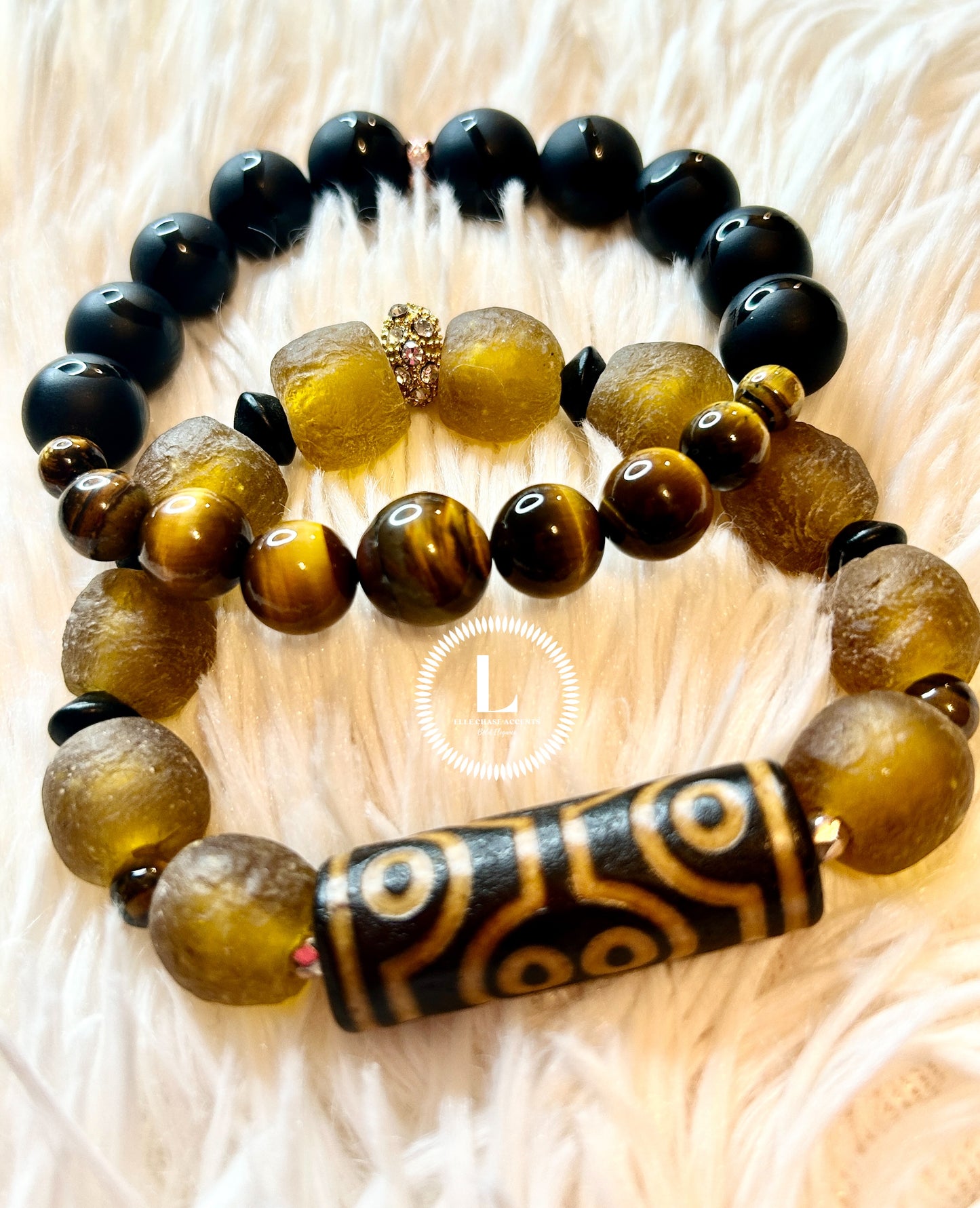 Brown and Black Tibetan focal, Amber glass, Tigers eye and black onyx accents