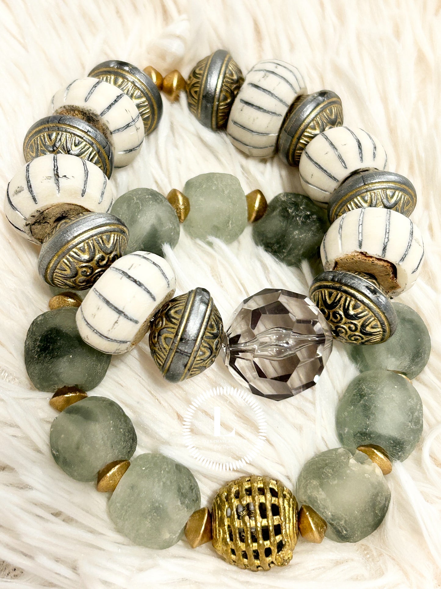 Grey mist glass with Watermelon Batik bone and Silver/Gold embossed accents