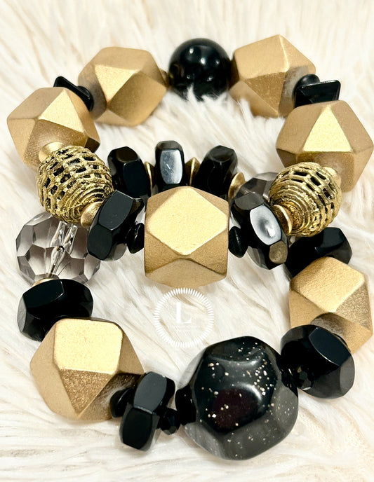 XL Gold Hexagon Wooden beads, Smokey Grey, Brass Filigree and Black Acrylic accents