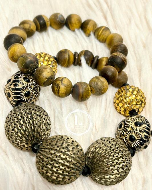 Golden Mesh Trio, Black and Gold Embossed and Matte Tigers Eye accents